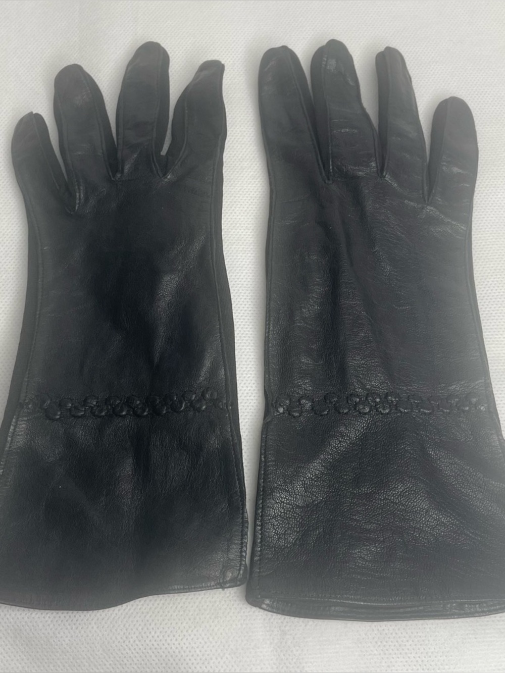 Vintage 9” Long Black Leather Opera Gloves Lined Women’s Size Small 6” - 6.5”